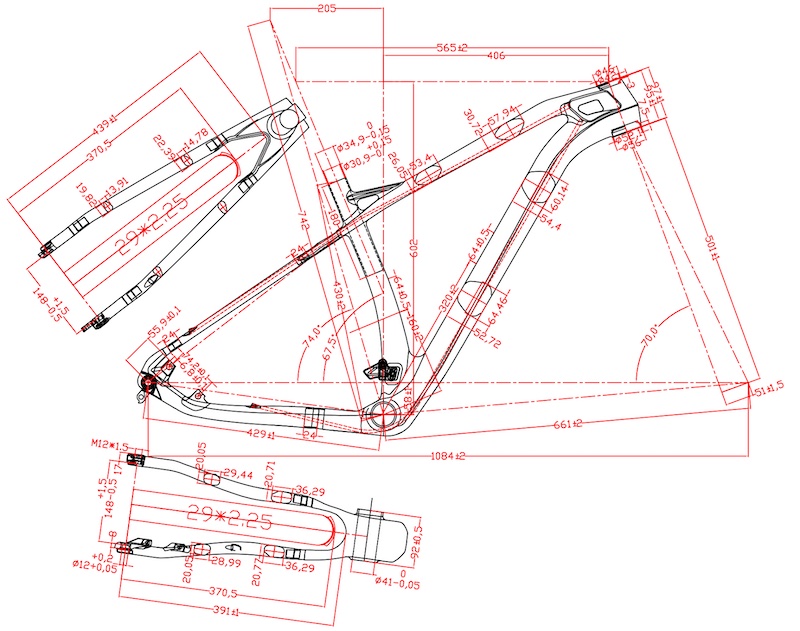 2D drawing MTB 29ER bike FRAMESETS